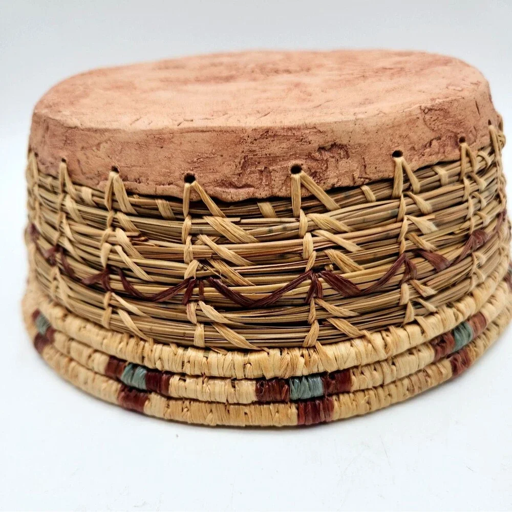 Vtg 2000 Joyce Wenker Handwoven Pine Needle Basket Kachina Clay Base Bowl Signed
